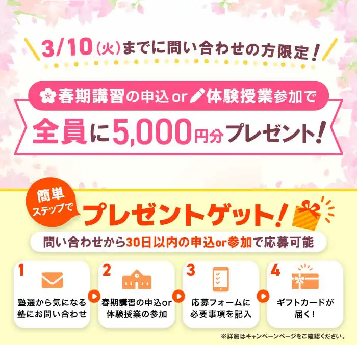 3/10(火)までに問い合わせの方限定！春期講習の申込or体験授業参加で全員に5,000円分プレゼント！