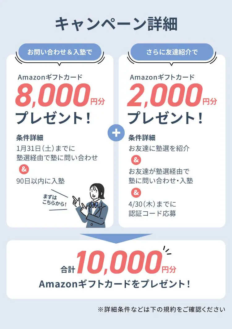 キャンペーン詳細 お問い合わせ&入塾で10,000円分アマゾンギフトカードをプレゼント 条件詳細 11月30日（日）までに塾選経由で塾に問い合わせ&90日以内に入塾